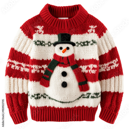 Festive Red and White Knitted Sweater Featuring a Snowman Perfect for Holiday...