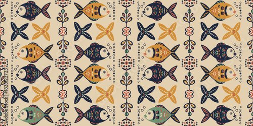 Seamless folk art pattern with stylized fish, starfish, and coral accents on a sandy cream background. Scandinavian nautical design for textile and wallpaper.