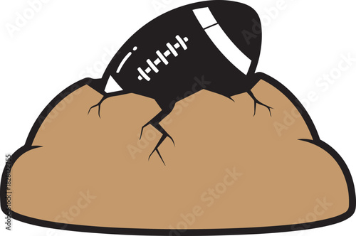 Black American football emerging from cracked brown earth ground with white laces and stripe sport game