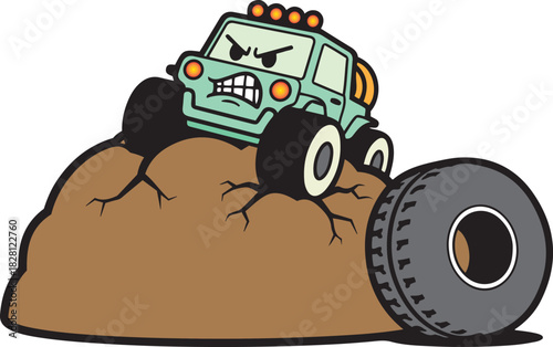 Angry cartoon monster truck with large tires on a dirt mound next to a spare tire vehicle off road