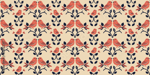 Seamless folk art pattern with stylized songbirds and indigo branches in soft rose and coral on a cream background. Charming vintage textile design.