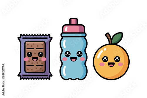 Cute cartoon candy bar, sippy cup, and orange smiling