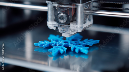 3D printer printing a plastic snowflake layer by layer, technology concept for Christmas