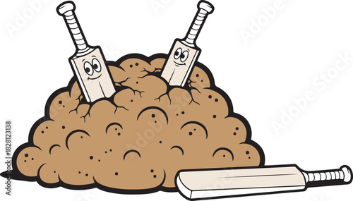 Cartoon cricket bats emerging from a pile of brown dirt with one bat lying on the ground sport game