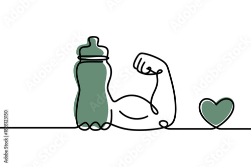 A stylized line drawing shows a water bottle, a flexing bicep, and a heart.
