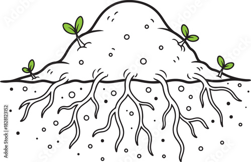 Cartoon illustration of a plant root system with green sprouts emerging from the soil roots seedling 2