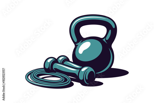 A kettlebell, dumbbells, and jump rope are arranged for a workout session.