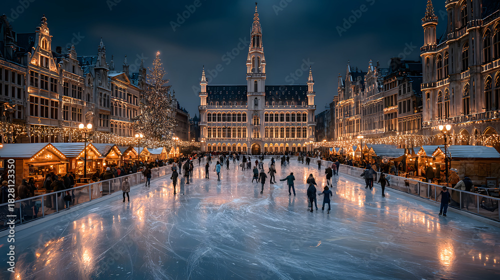 Obraz premium Frozen Ice Skating Rink in Brussels Grand Place at Winter Wonders Christmas Market Evening View