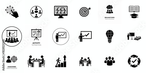 Workshop icon set. Containing team building, collaboration, teamwork, coaching, problem-solving and education icons. Solid icon collection.
