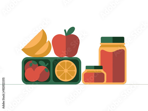 Healthy food items including fruits and preserves are arranged on a white background.