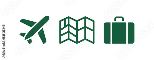 Travel icons showing an airplane, map, and suitcase.