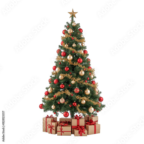 Festively Decorated Artificial Christmas Tree With Ornaments and a Star on To...