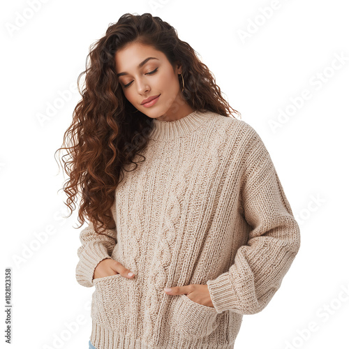 Cozy Woman Wearing a Knit Sweater Smiling in a Bright White Setting