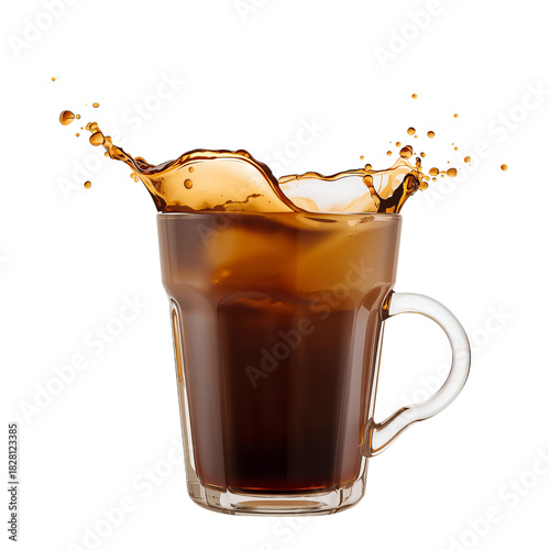 Hot Coffee Splashing in a Clear Glass Mug on a White Background