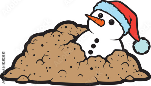 Cartoon snowman wearing a red and blue Santa hat peeking out from a pile of brown dirt with black speckles and cracks