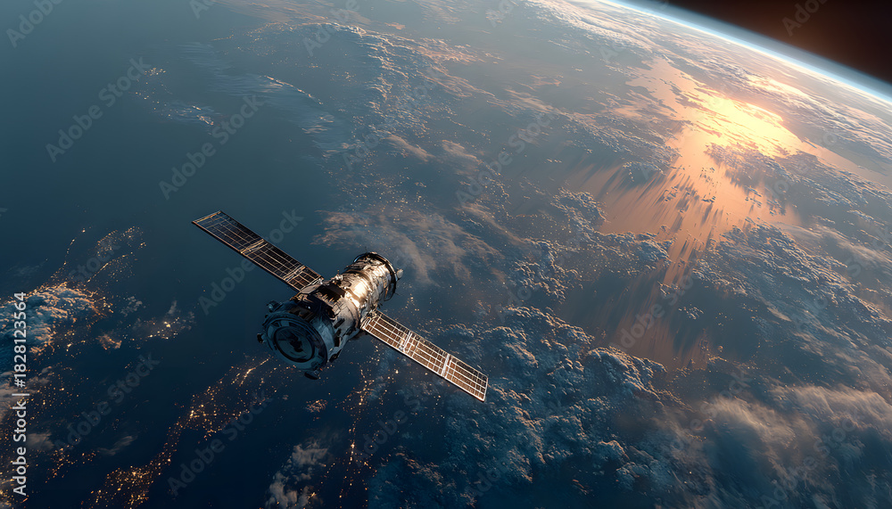 Naklejka premium A satellite orbits the Earth, connecting the world with its technology. The image shows the curvature of the planet with a golden glow