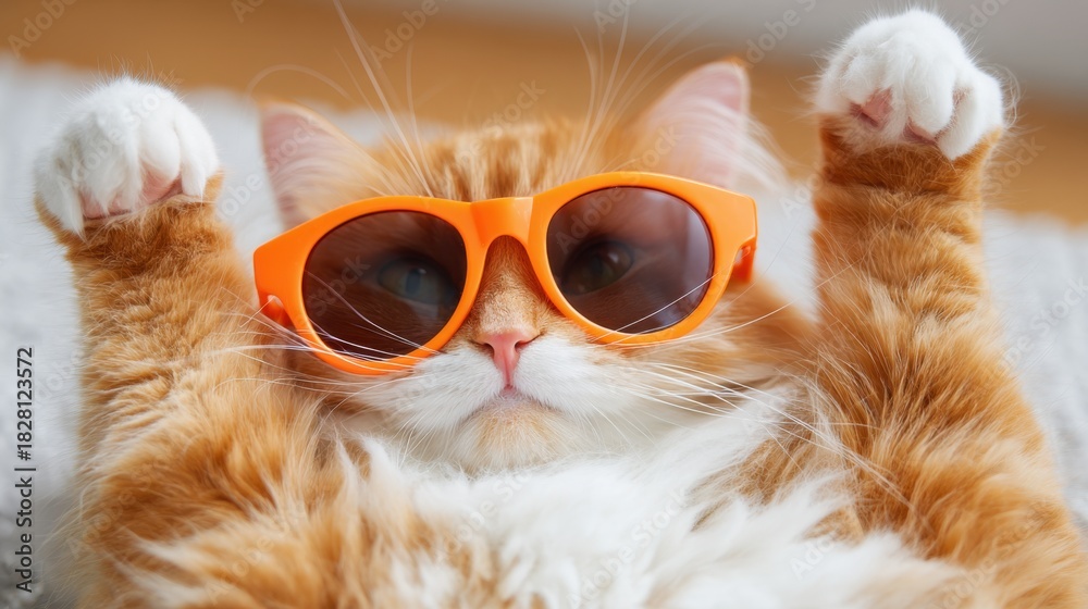 Fototapeta premium A cat wearing orange sunglasses is laying on the ground. The cat's eyes are closed, and it is enjoying the sun