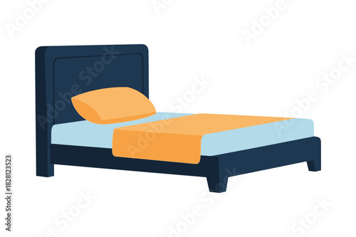 Simple illustration of a dark blue single bed with orange bedding