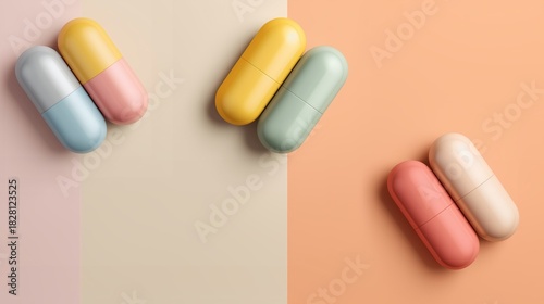 Colorful capsules arranged artistically on a soft pastel background during daylight the banner