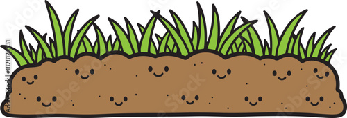 Cute cartoon smiling soil and green grass illustration with black outlines dirt earth