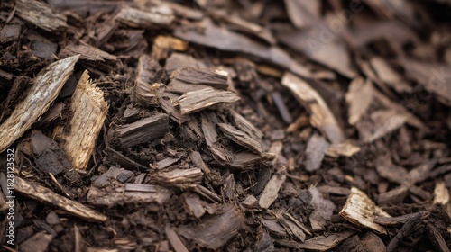 Close-up of dark brown wood chips and shredded bark mulch. Mixed-sized pieces with natural texture, fibers and light veins create a deep, warm and natural background.