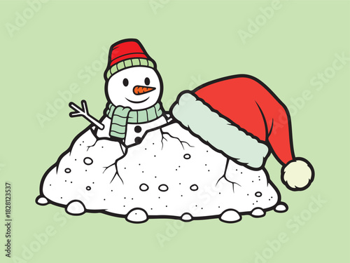 Cute cartoon snowman wearing red hat and green scarf sitting in snow pile with Santa hat nearby winter