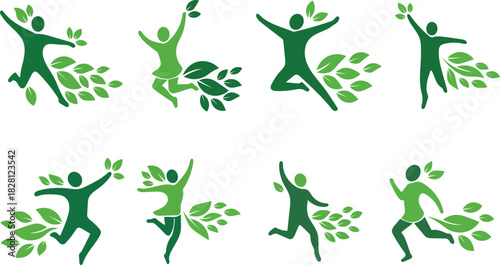 Collection of green human figures with leaves isolated on