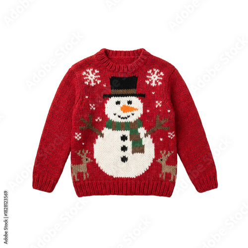 Bright Red Knit Sweater Featuring a Snowman and Reindeer Design for Winter Ce...