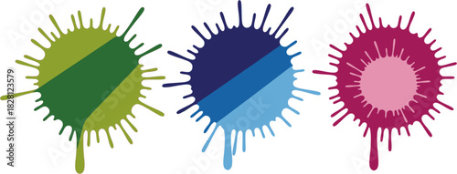 Set of three colorful vector ink splatters and drips for website banners, art backgrounds, and kids product packaging, EPS version.