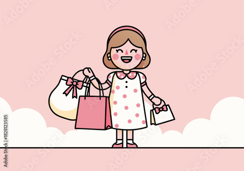 Cute Girl Holding Shopping Bags Vector Illustration