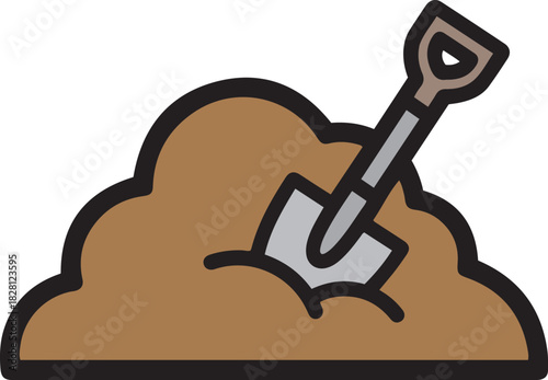 Flat illustration of a shovel digging into a mound of brown soil dirt