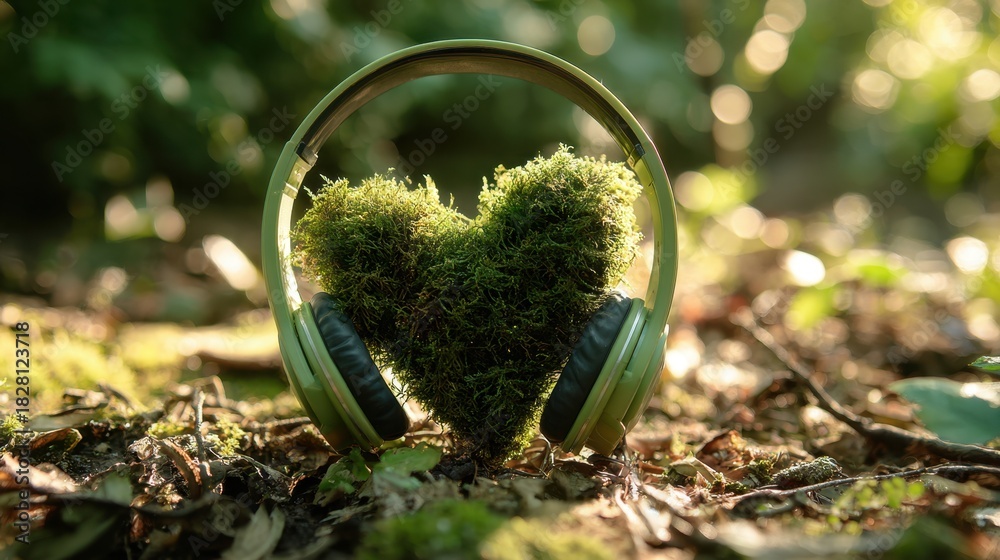 Naklejka premium A green moss heart is placed on top of a pair of headphones. Concept of nature and tranquility, as the heart and headphones are surrounded by grass and leaves. The combination of the natural elements