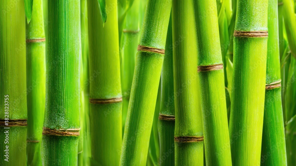 Obraz premium A row of green bamboo plants with brown tips. Concept of nature and tranquility