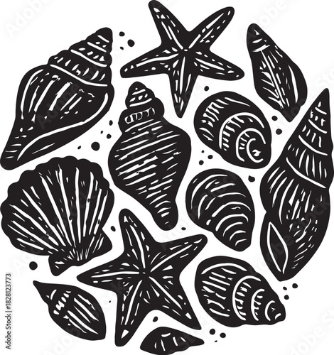 Stylized linocut pattern of various marine seashells and starfish on white