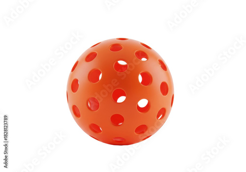 macro, hyperdetailed shot of a single, vibrant traffic cone orange pickleball with precise hole patterns on a high-key pure white studio background, concept for sporting equipment advertising