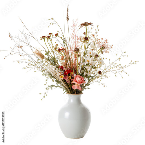 Colorful Dried Flowers Arranged Elegantly in a White Vase on a Neutral Backgr...