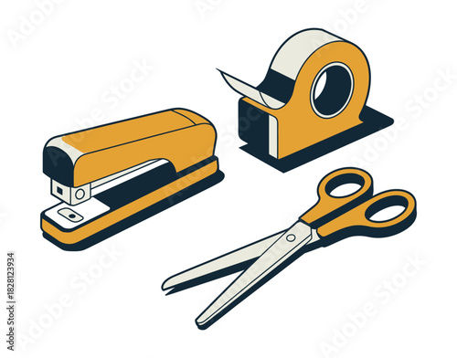 A stapler, scissors, and tape dispenser are arranged on a white background.