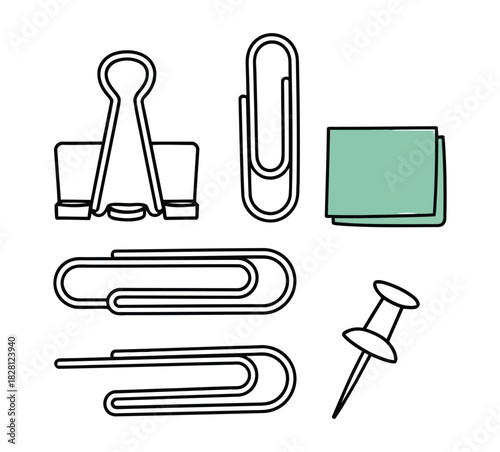 A collection of office supplies including paper clips, a binder clip, and a pushpin.