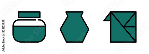 A jar, a vase, and an origami crane are shown in a clean, minimalist style.