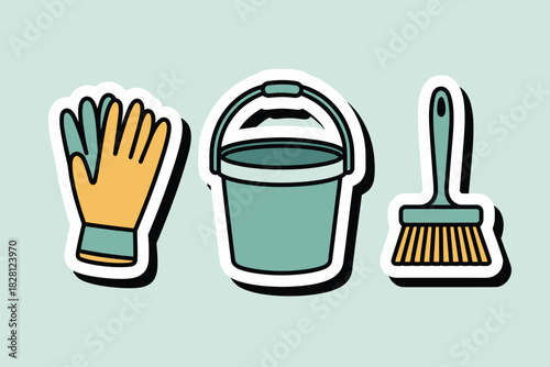 Cleaning supplies including gloves, a bucket, and a brush are depicted against a light blue background.