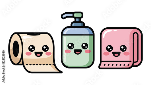 Cute cartoon characters of toilet paper, soap dispenser, and towel share a cheerful moment together.