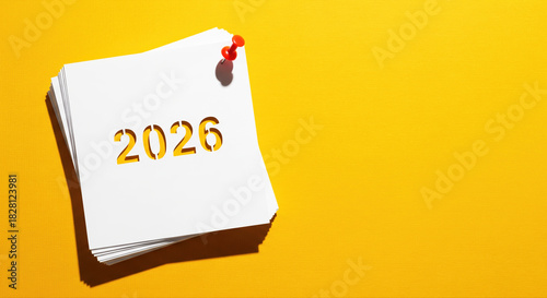 2026 Cut-out on Stack of White Memo Paper Pinned to Bright Yellow Background. Reminder, Important Note, New Year Message, and Business Event Date.