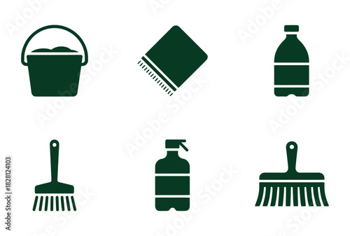 A collection of cleaning supplies, including a bucket, cloth, spray bottle, and brushes, for home maintenance.