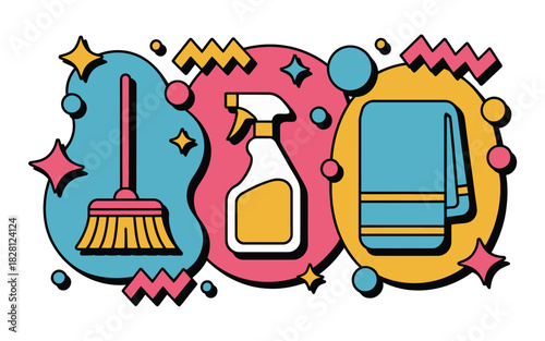 A colorful illustration depicts cleaning supplies including a broom, spray bottle, and towel.