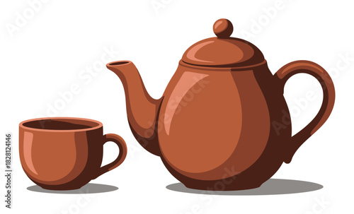 A terracotta teapot and cup sit on a white background, ready for tea.