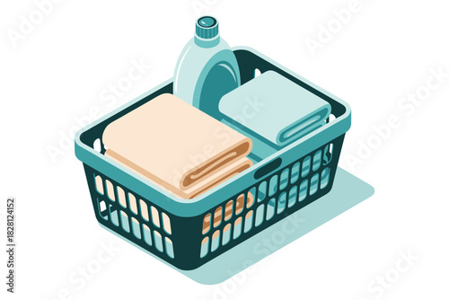 A laundry basket holds folded towels and a bottle of detergent.
