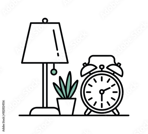 A simple illustration of a desk lamp, a potted plant, and an alarm clock.