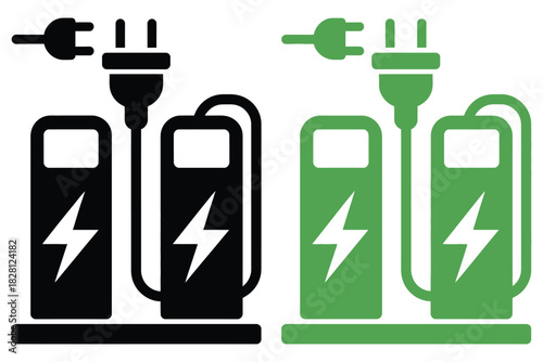 Electric vehicle charging stations are depicted in black and green icons with lightning bolt symbols.