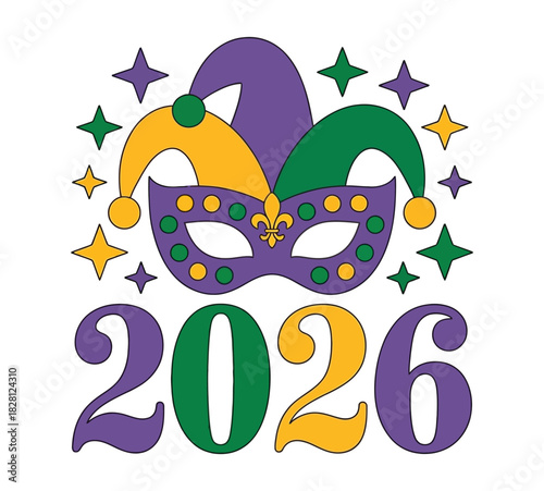 Mardi Gras mask and year 2026 represented with traditional colors and festive stars