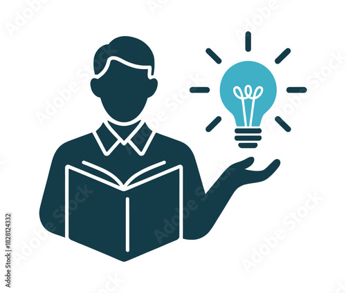 A silhouette of a person reading a book with a glowing lightbulb above their open hand